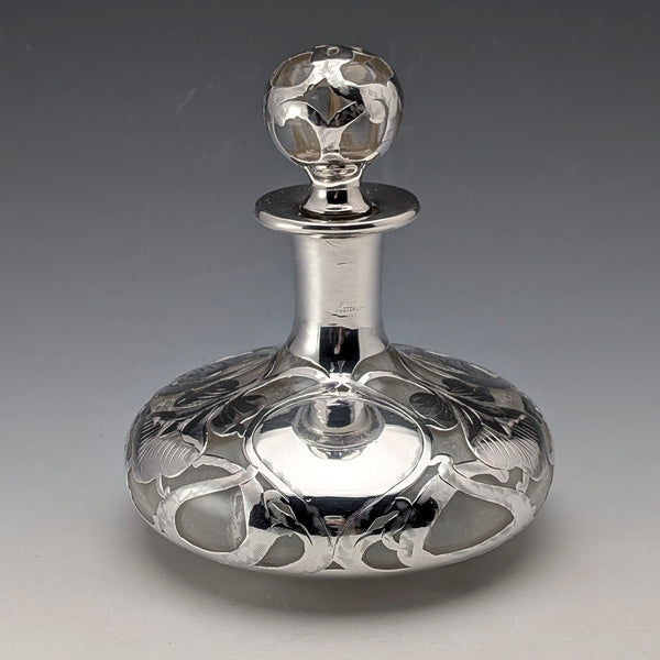 Antique American Art Nouveau Silver Overlay Glass Perfume Bottle